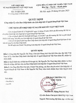 CÔNG BỐ QUYẾT ĐỊNH CÔNG NHẬN ỦY VIÊN BAN CHẤP HÀNH LIÊN HIỆP HỘI VỀ NGƯỜI KHUYẾT TẬT VIỆT NAM